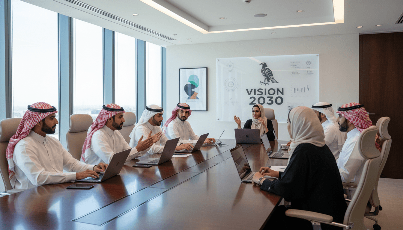 Diverse Saudi business professionals in a strategic meeting in Riyadh.